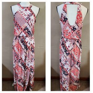 Trixxi Womens Maxi Dress Size M Halter Low Back Pink Floral High Waist Stretch